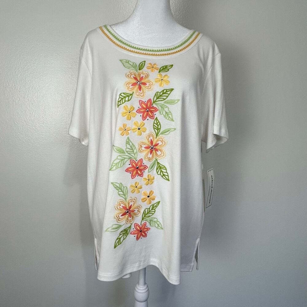 NWT Alfred Dunner XL Floral Embroidered Top FLAW Tropical